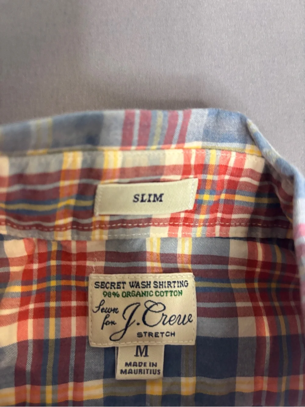 J.Crew Secret Wash Stretch Shirt Men's M Slim Blue Red Plaid Organic Cotton